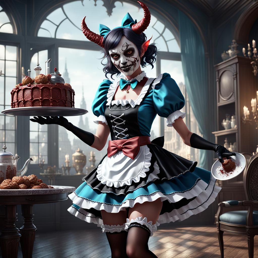 Detailed Female Demon French Maid in Matte Painting Style