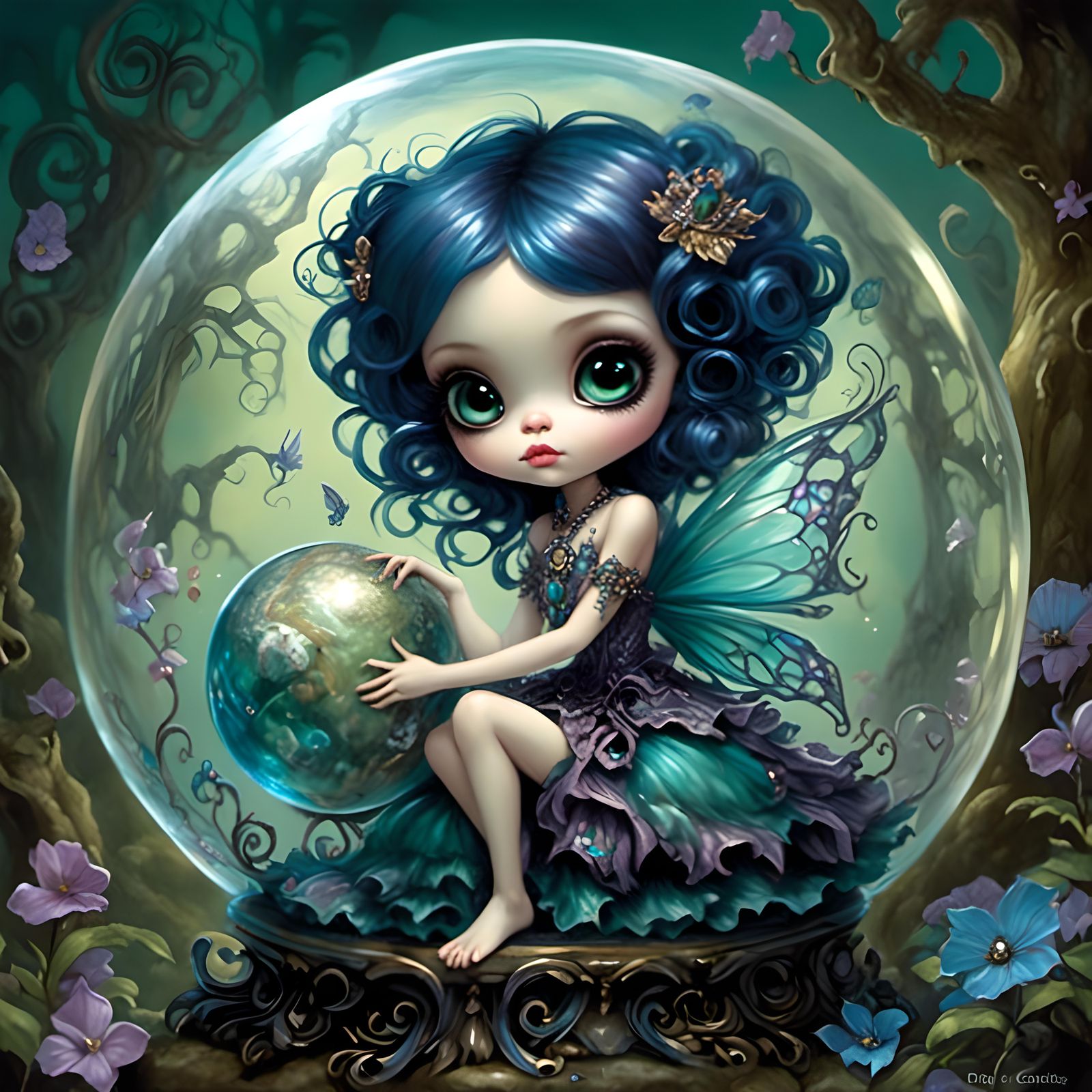 Dark Fairy with Expressive Eyes on Crystal Globe