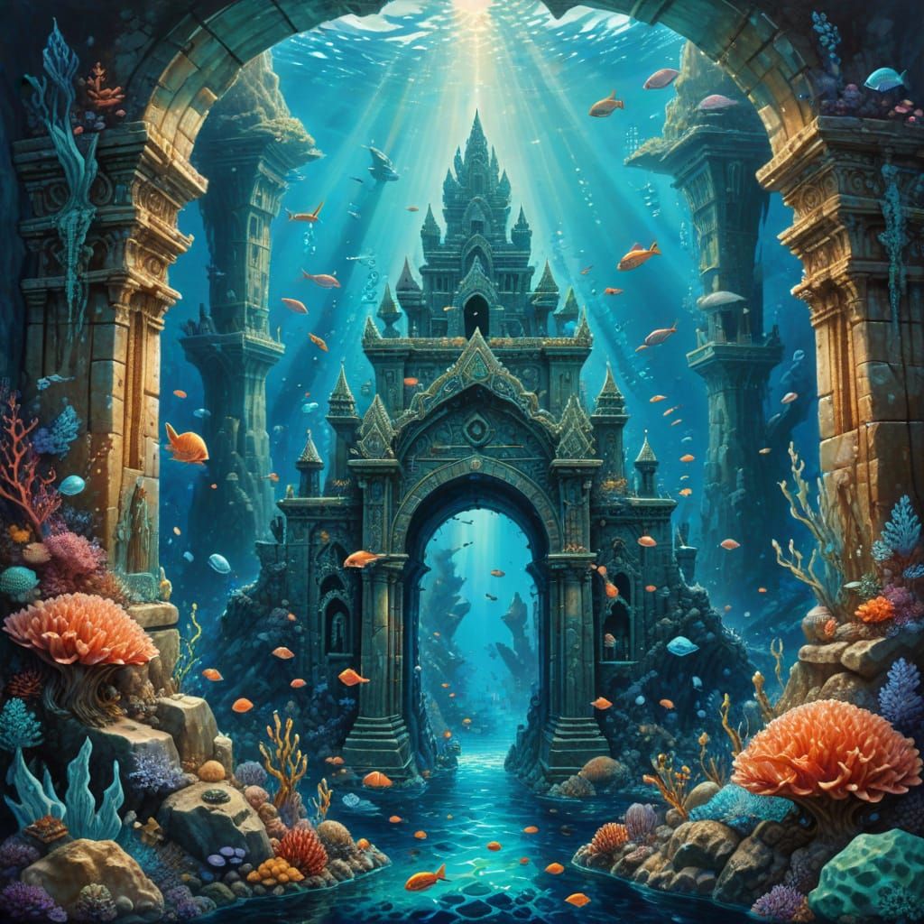 Mermaids Swimming Around Atlantis Gates in Soft Painting