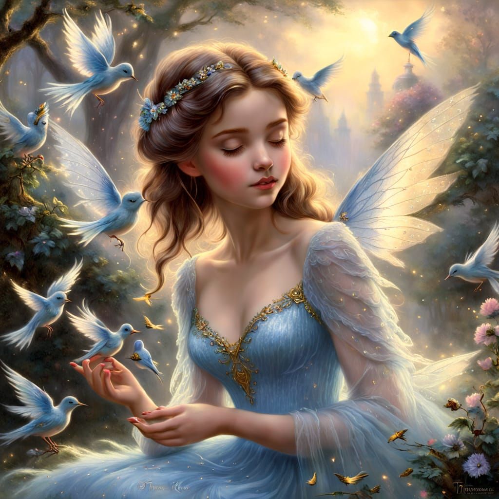 Enchanted Fairy Amidst Whispering Birds in Serene Garden