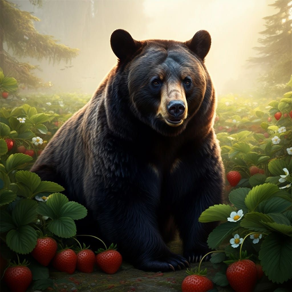 Majestic Black Bear in Vibrant Strawberry Patch Landscape