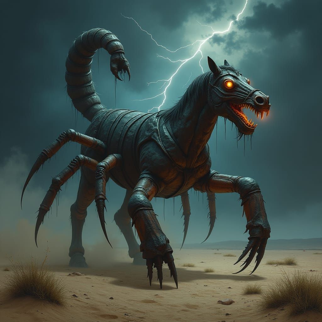 Scorpion-Horse Hybrid in Dark Desert Landscape
