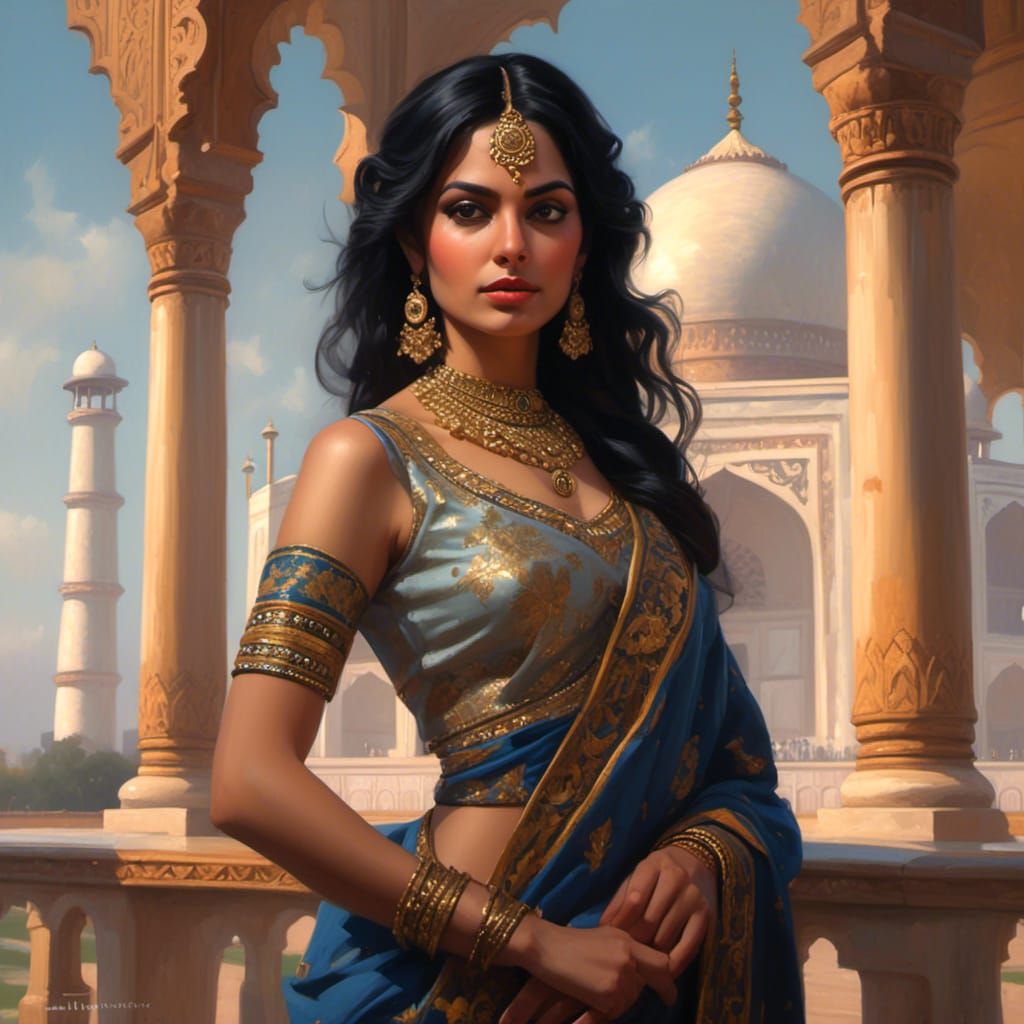 Indian Woman with Taj Mahal, Detailed Digital Art