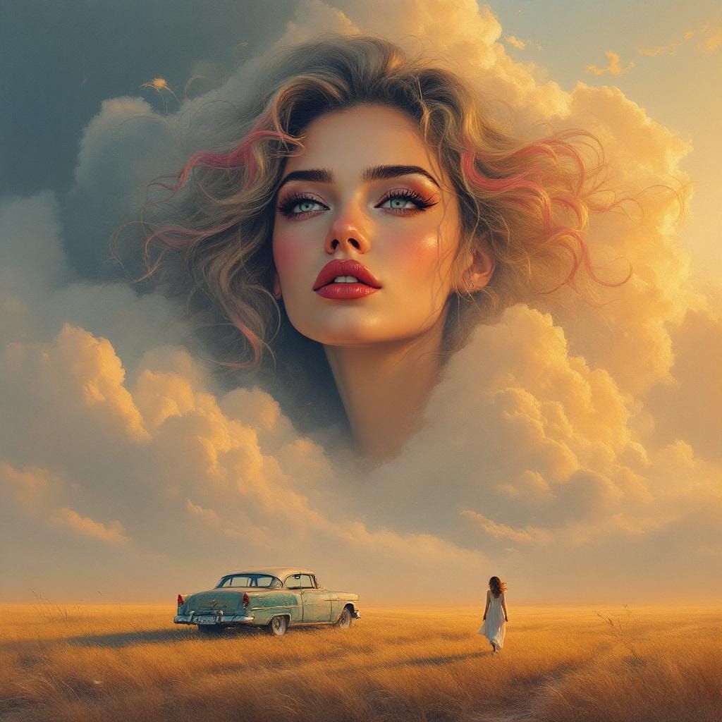 Dreamy Woman with Vintage Car in Surreal Landscape