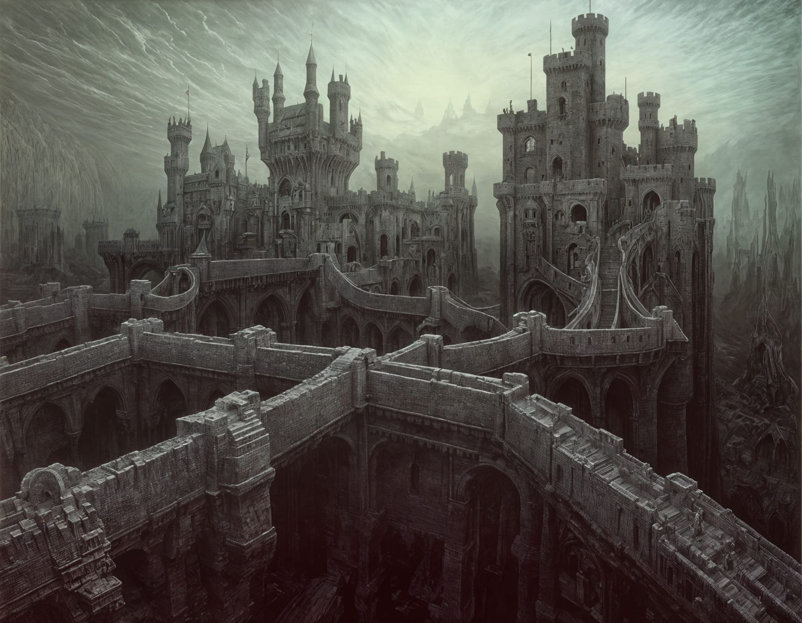 Surreal Castle with Drawbridges: Dreamlike Landscape