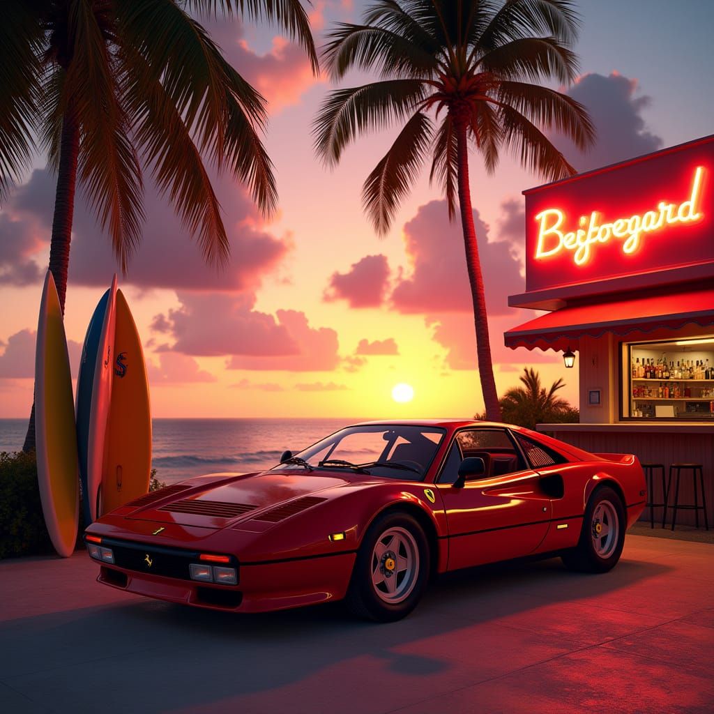 Miami Sunset Ferrari in Retro-Futuristic Style