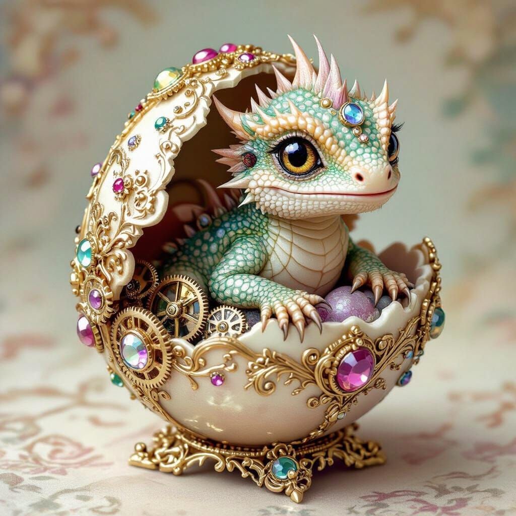 Ornate Dragon Hatchling in Cadbury Egg, Vintage Fairytale St...