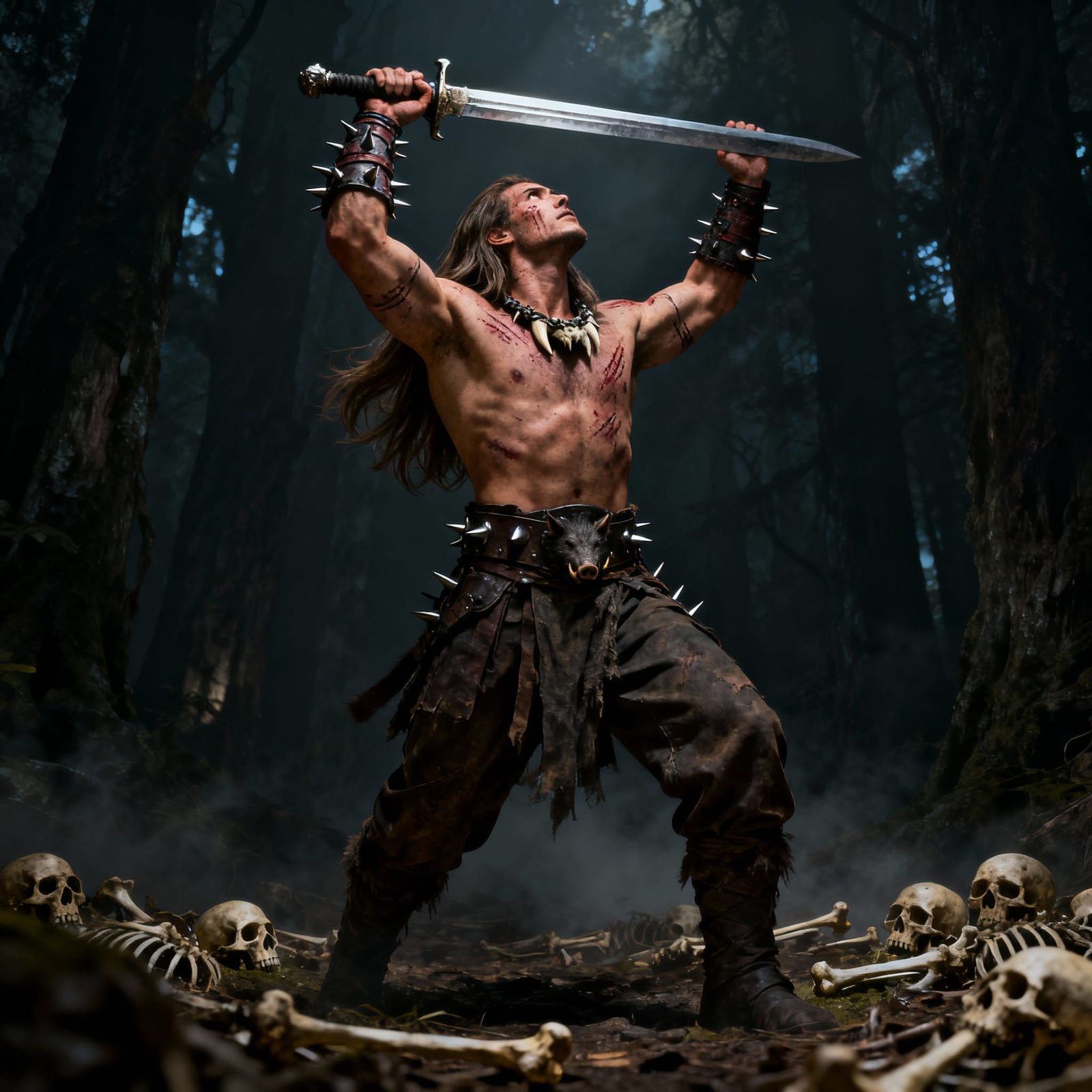 Muscular Warrior with Sword in Dark Forest