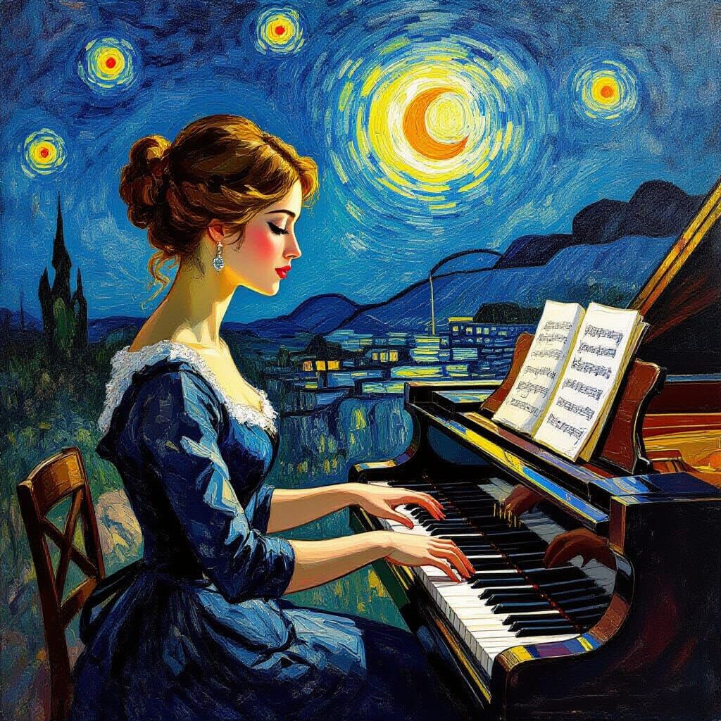 Renaissance Woman Plays Piano in Van Gogh Impasto Style