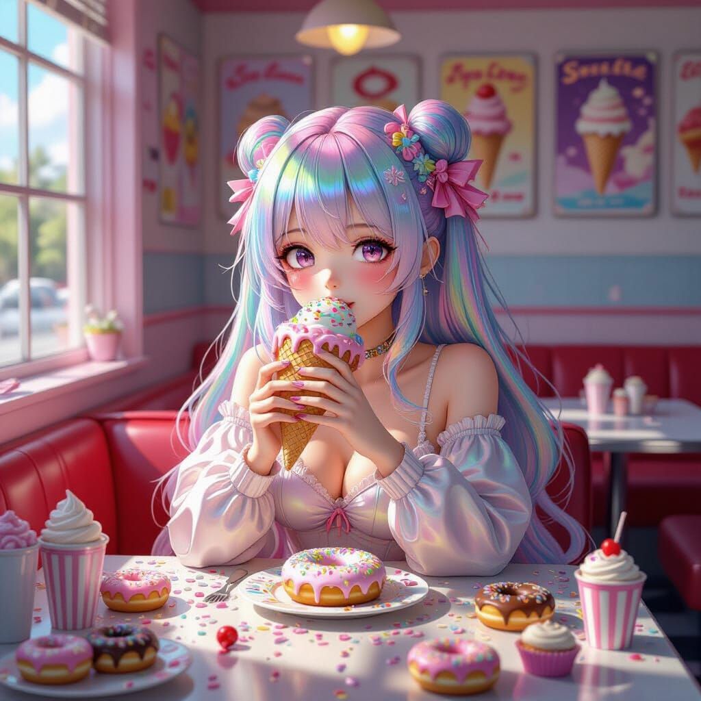 Anime Girl Eating Ice Cream in Pastel Diner