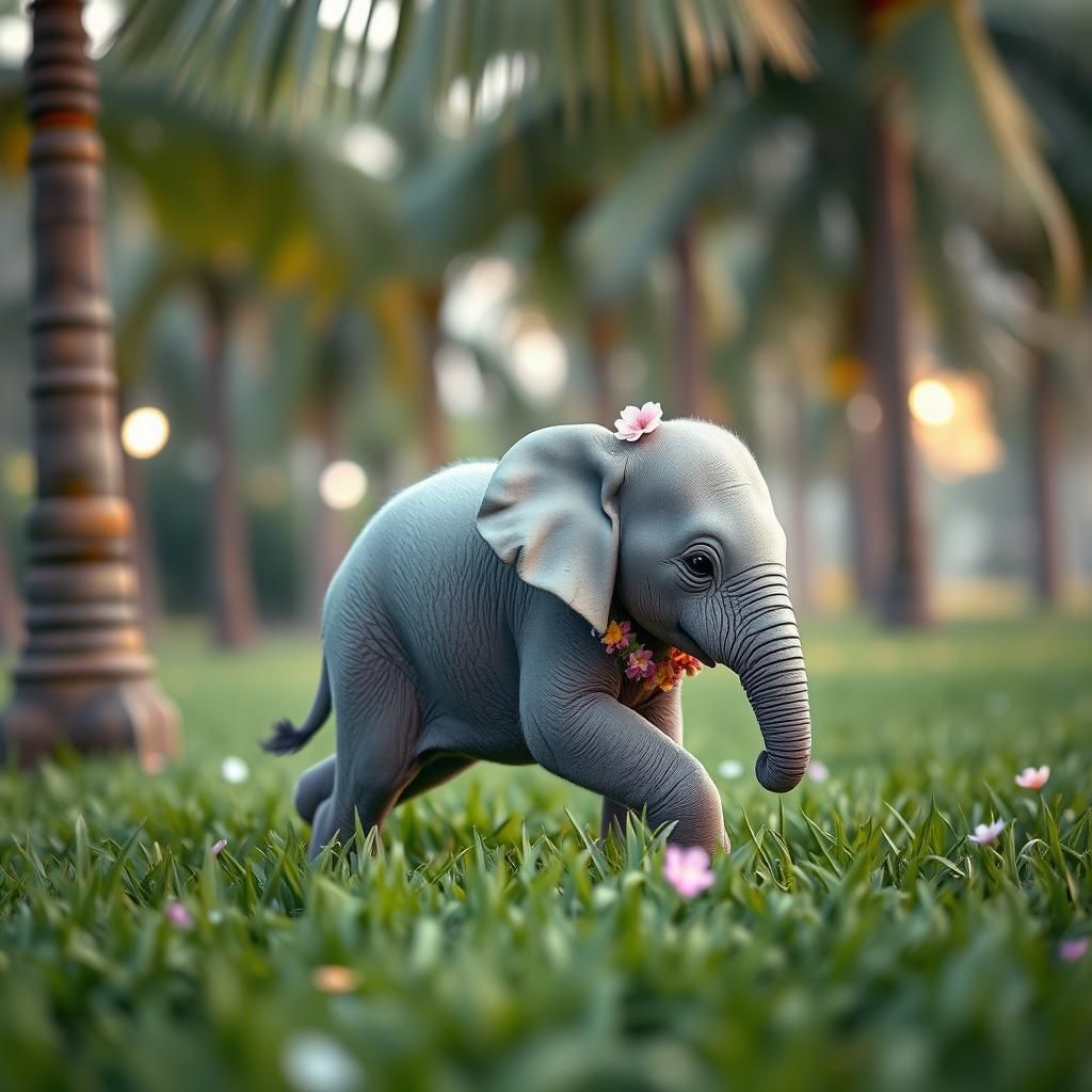 Miniature Elephant with Floral Garland on Green Lawn