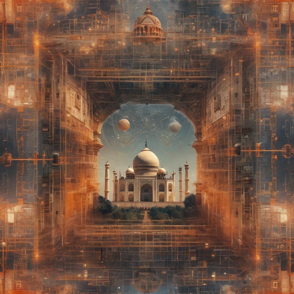Surreal Taj Mahal with Quantum Entanglement Overlay