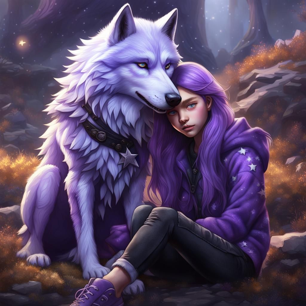 Girl and Purple Wolf in Whimsical Fantasy Scene