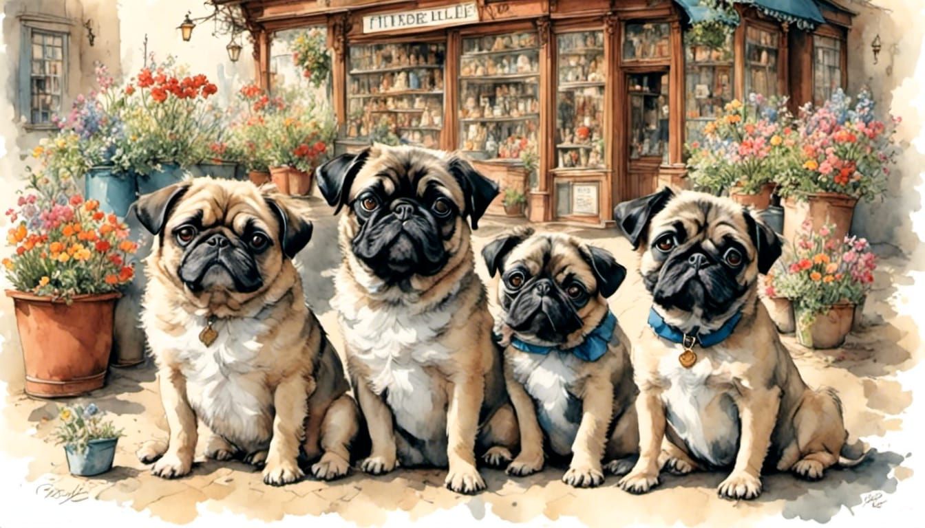 Pugs in Victorian Shop, Antique Watercolor Style