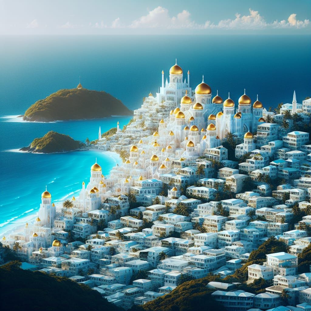 Golden Domed White City Overlooking Caribbean Ocean