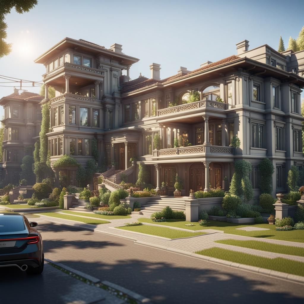 Modern Mansions in Rich Neighborhood: 3D Render