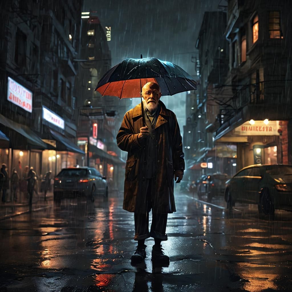 Old Man in Rainstorm Concept Art