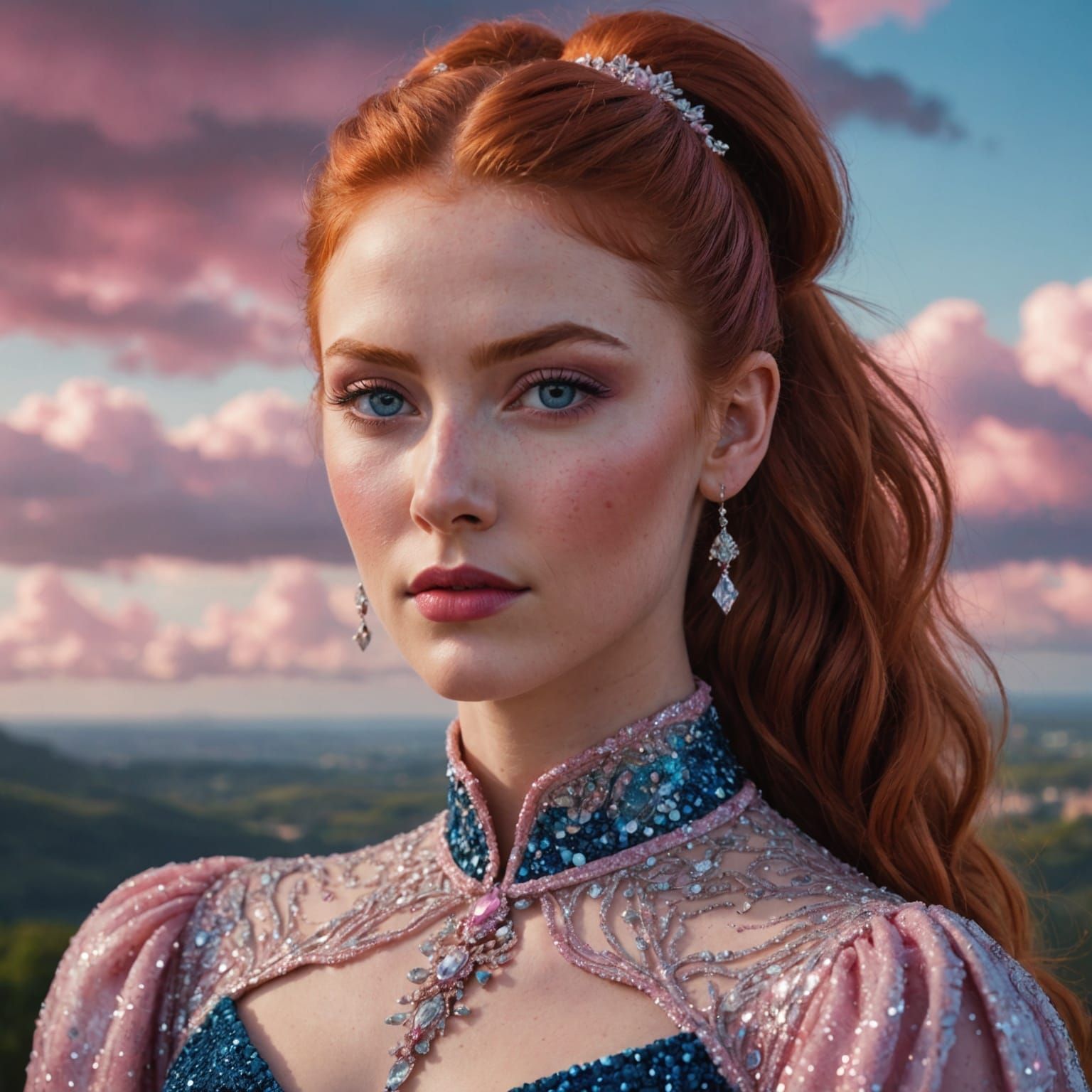 Portrait of a Woman with Red Hair and Pink Dress