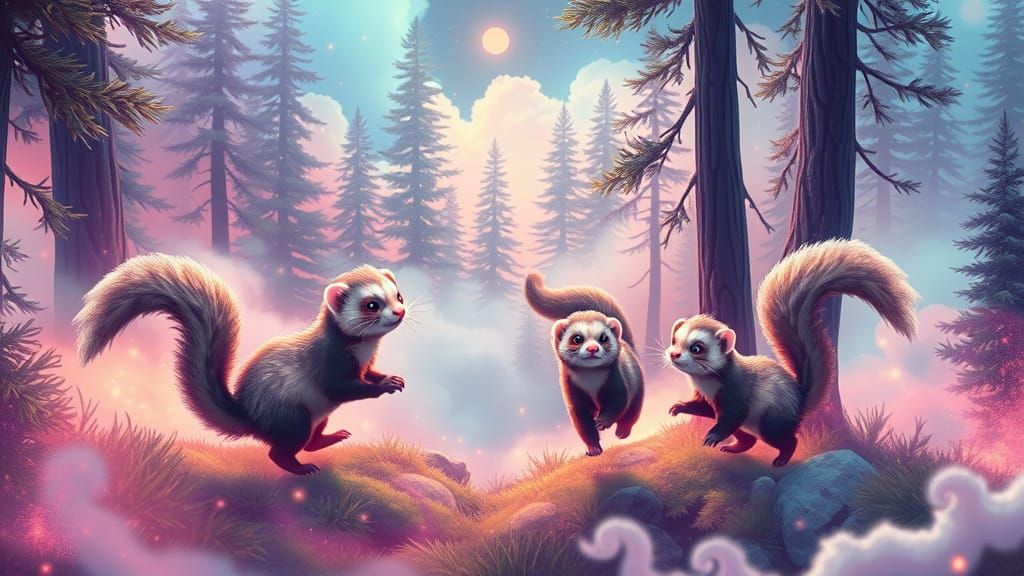 Mystical Ferrets Playing in Neon Forest, Anime Style