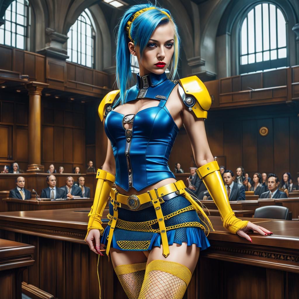 Female lawyer, wearing yellow fishnet stockings in court