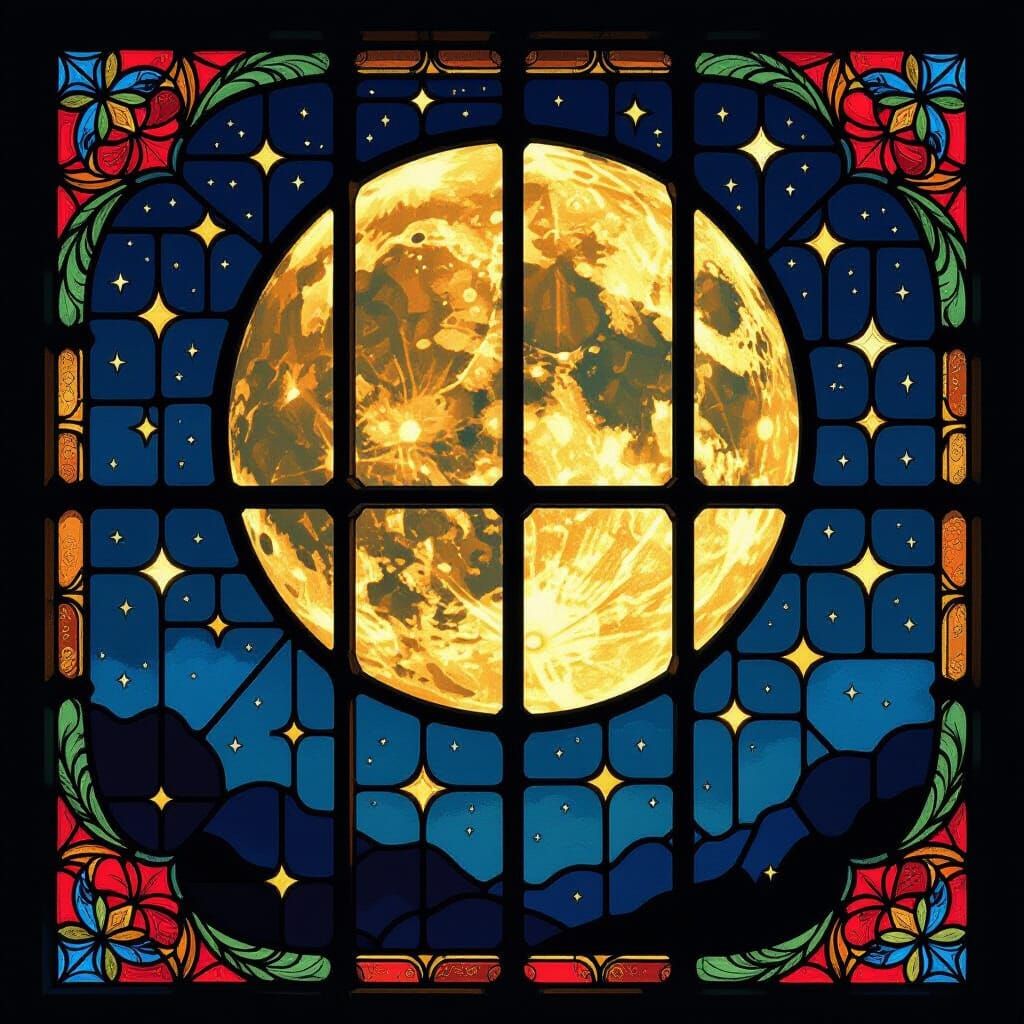Medieval Stained Glass Night Sky with Moon