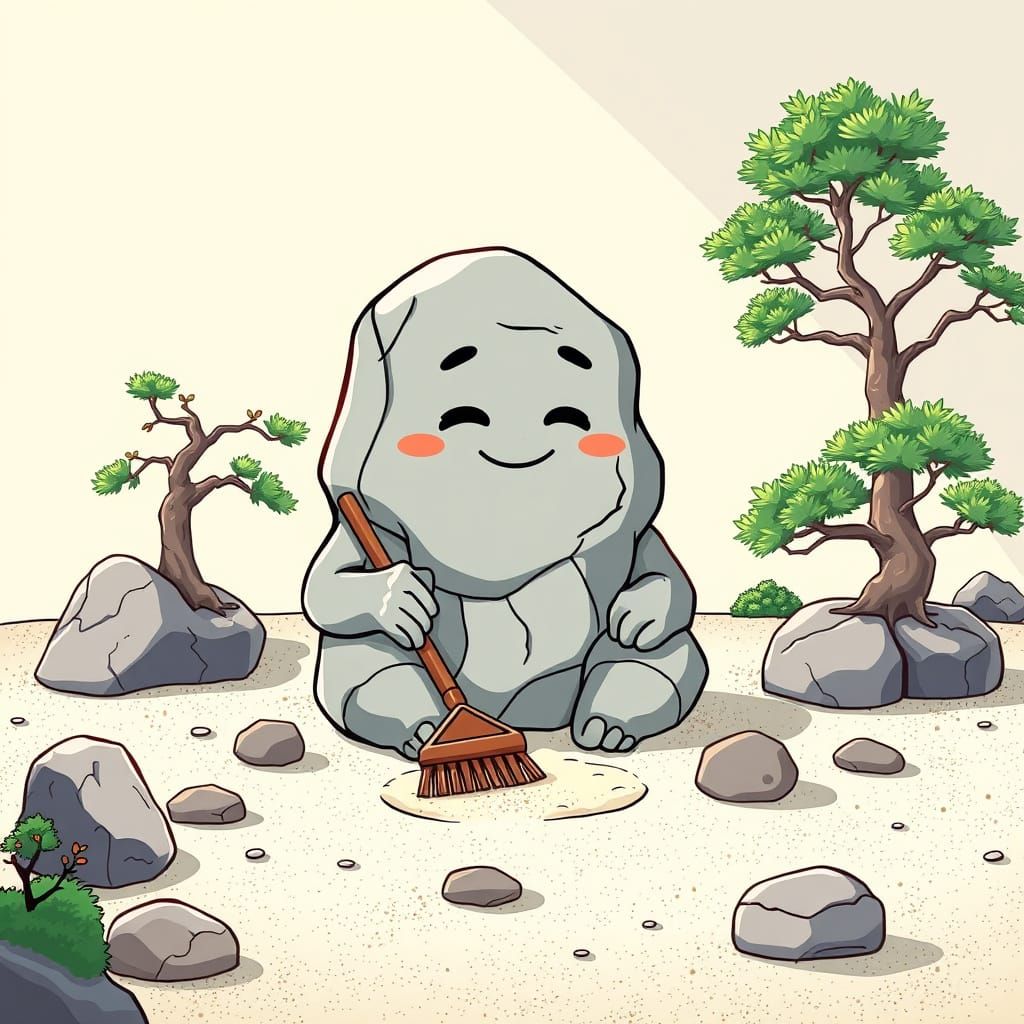 Zen Rock Raking Sand: A Chibi Anime Scene