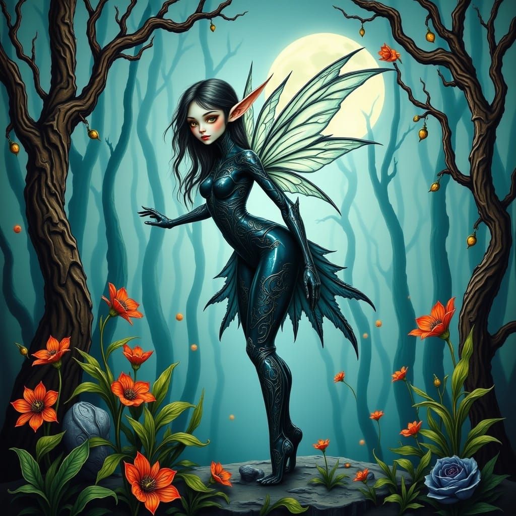 Cybernetic Elf in Moonlit Forest, Digital Art