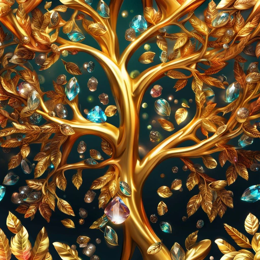 Golden Tree of Life with Crystal Leaves