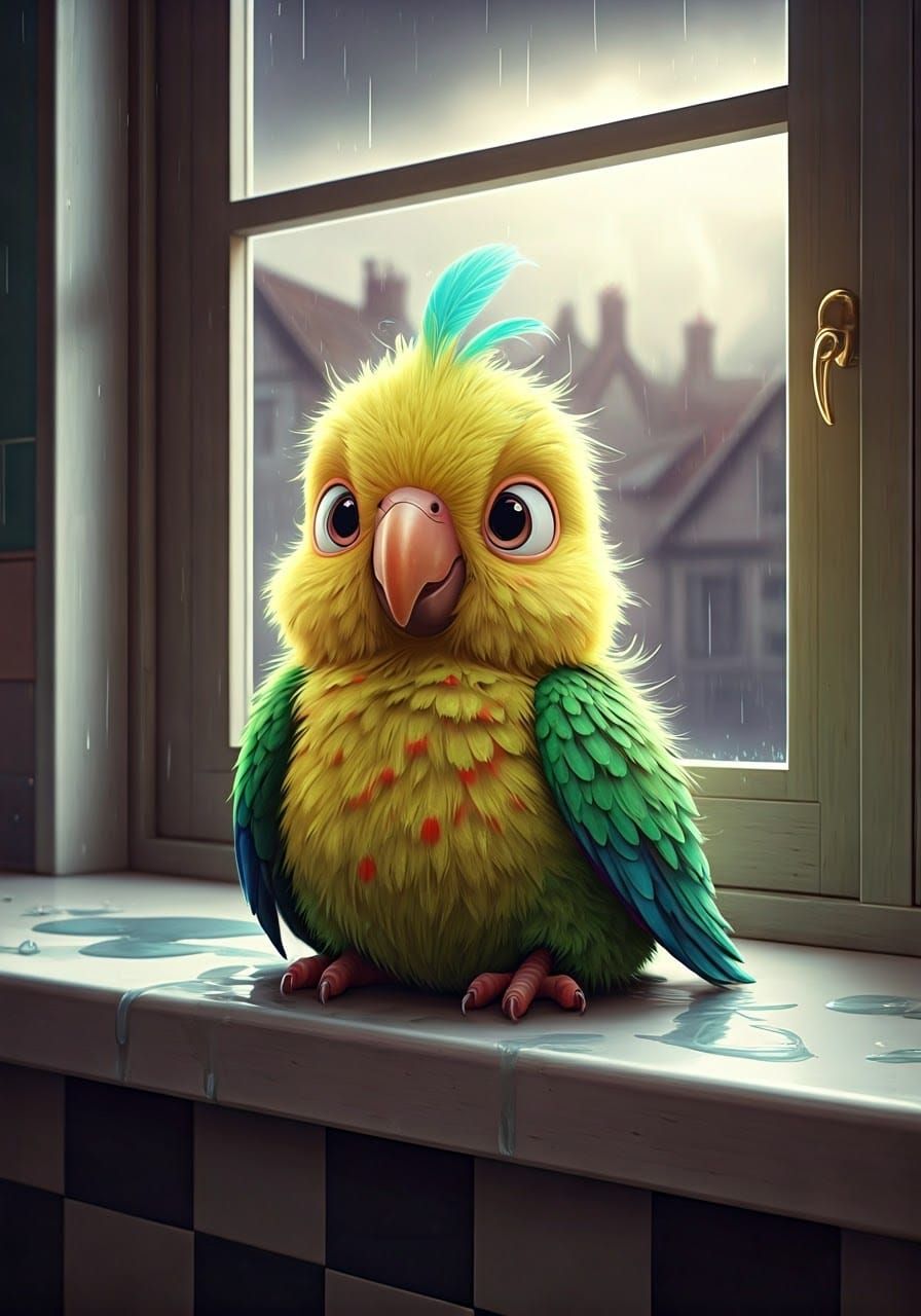 Whimsical Parrot in a Stormy Kitchen Scene