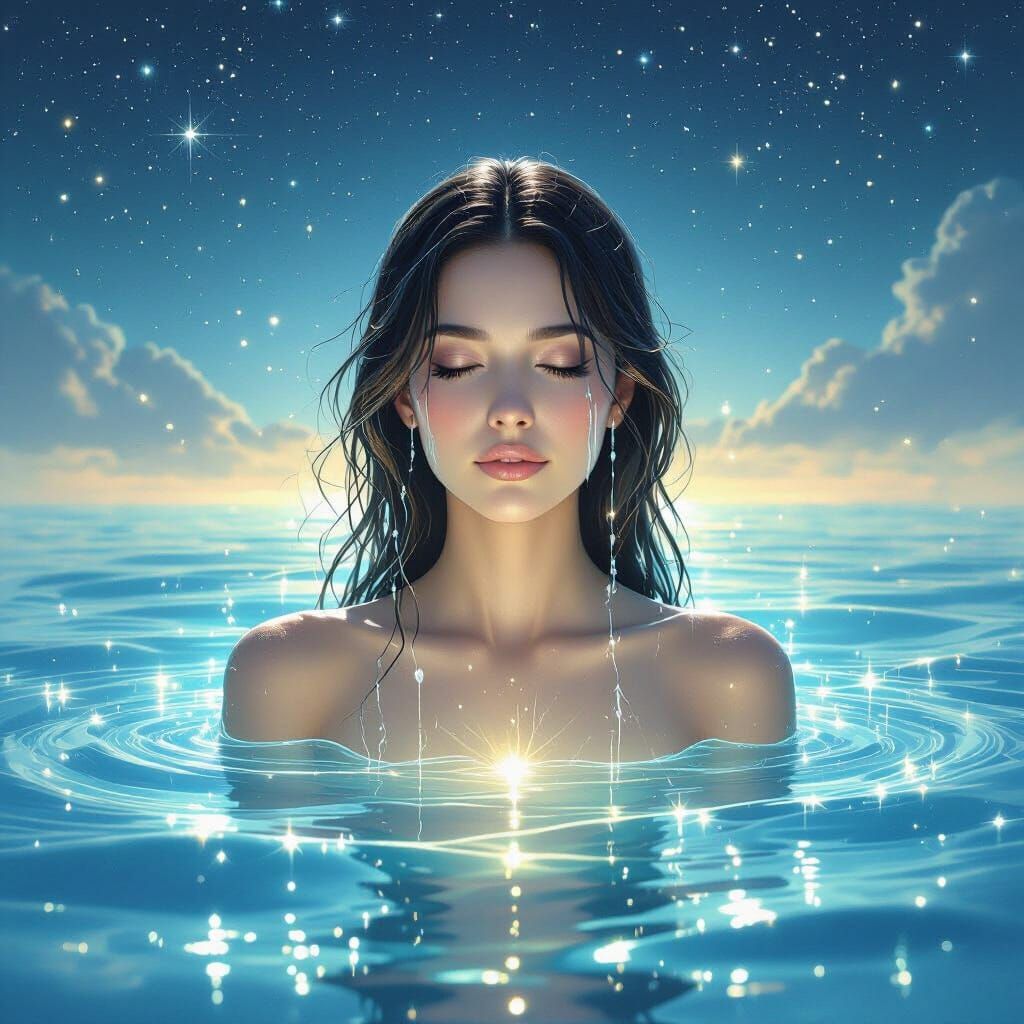 Serene Woman in Luminous Ocean Under Starlit Sky