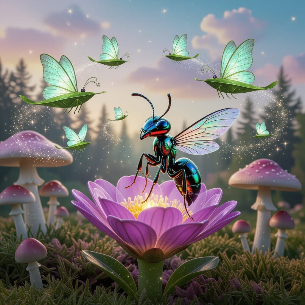 Queen Ant Commands Leaf Ships over Mushroom Forest