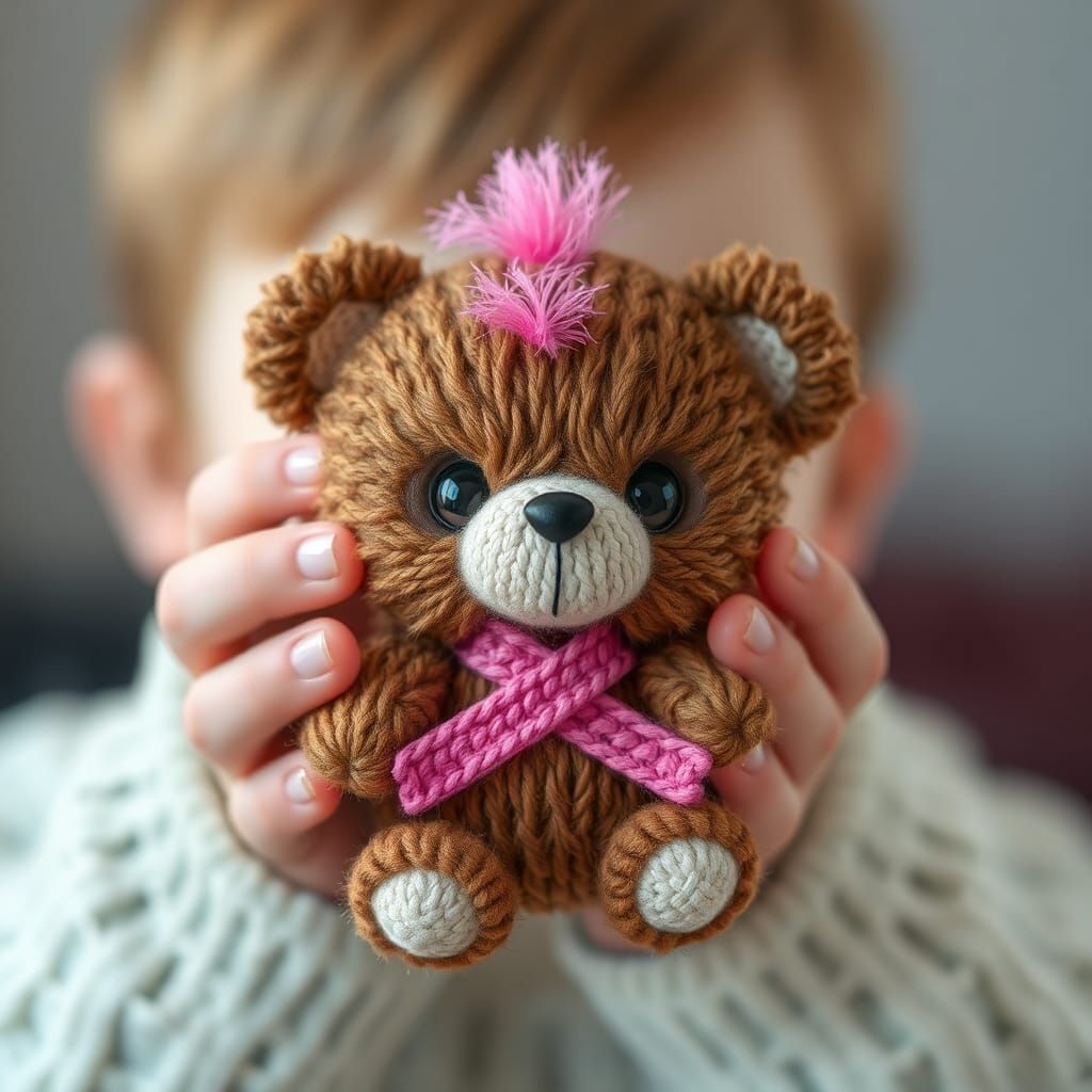 Child Holding Cute Bear with Pink Ribbon