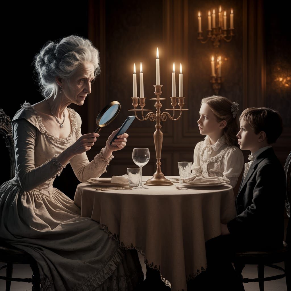 Victorian Spinster Texting in Wedding Dress