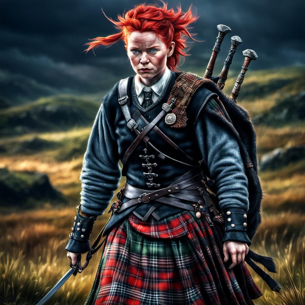 Highlander Girl with Red Hair in Hyperrealistic Style