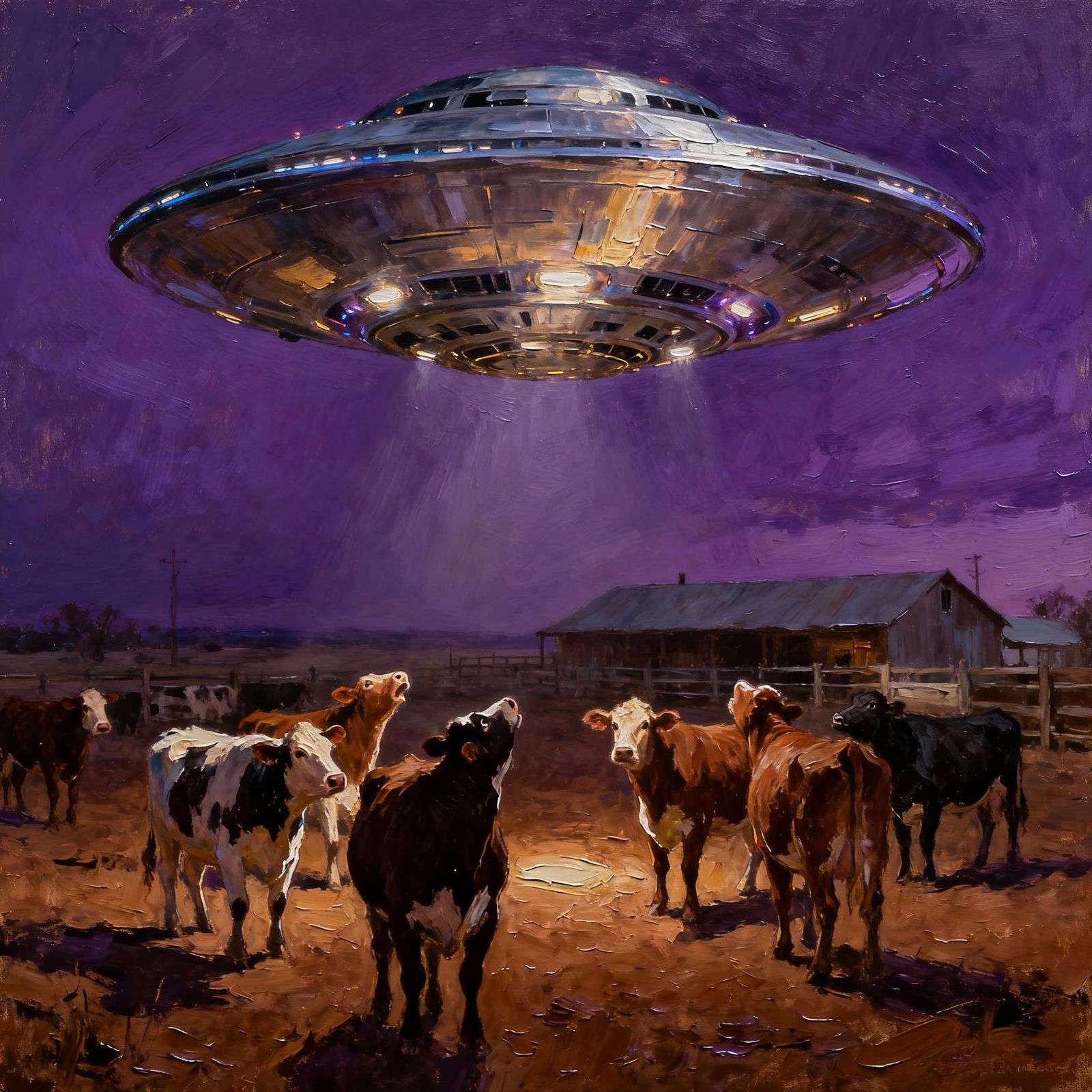 Eerie UFO Over Texas Cattle Farm in Impasto Style