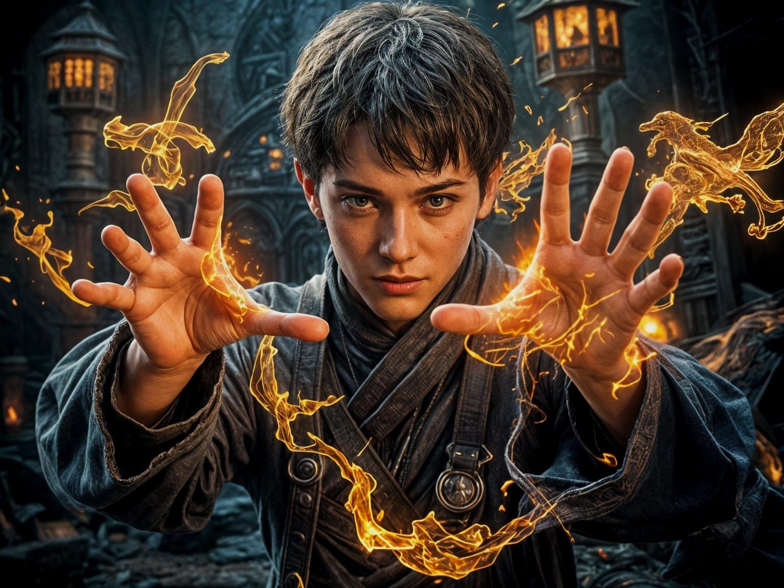Young Sorcerer's Fiery Magic Training: Dark Fantasy Art