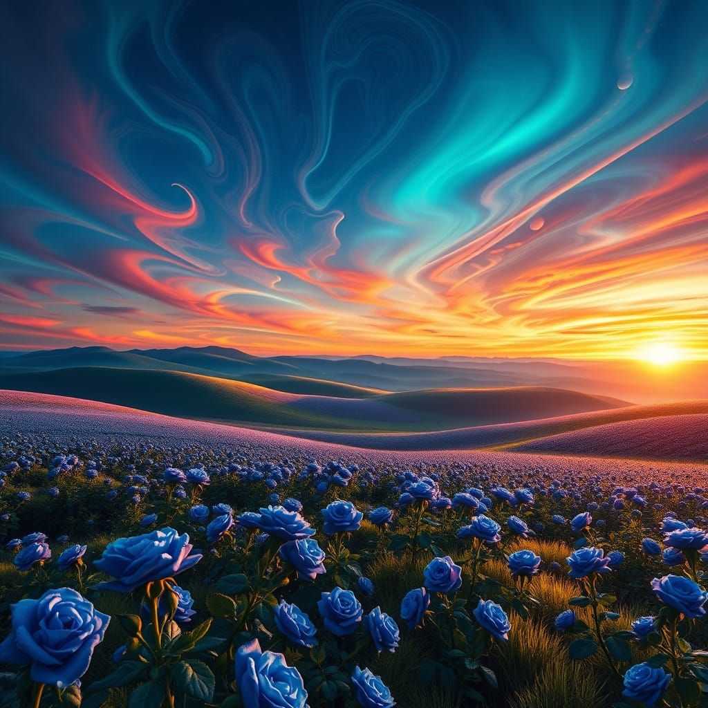 Vibrant Blue Roses Landscape at Sunset