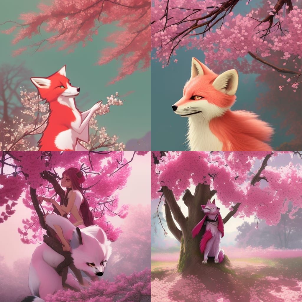 Pink Fox Fursona with Cherry Blossom Tree