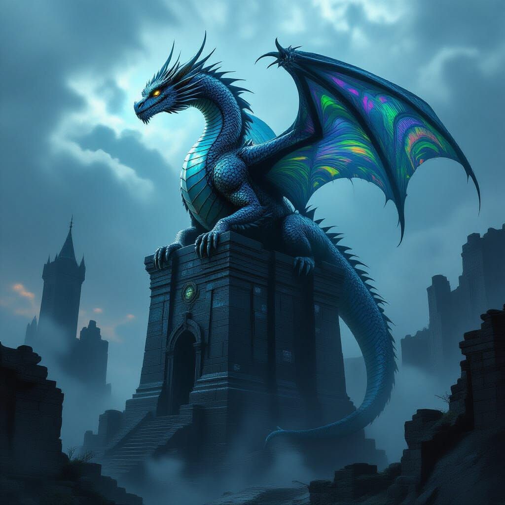 Ancient Dragon on Obsidian Tower in Glitchcore Style