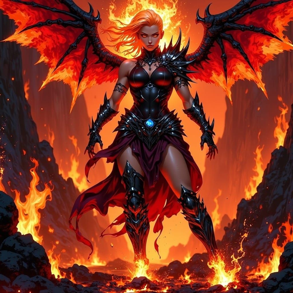 Armored Demon in Volcanic Landscape, Ash Thorp Style