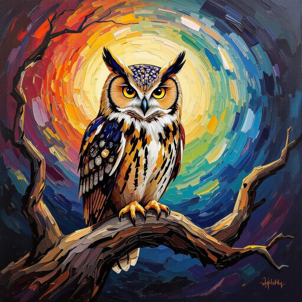 Majestic Owl on Ancient Branch in Abstract Vortex