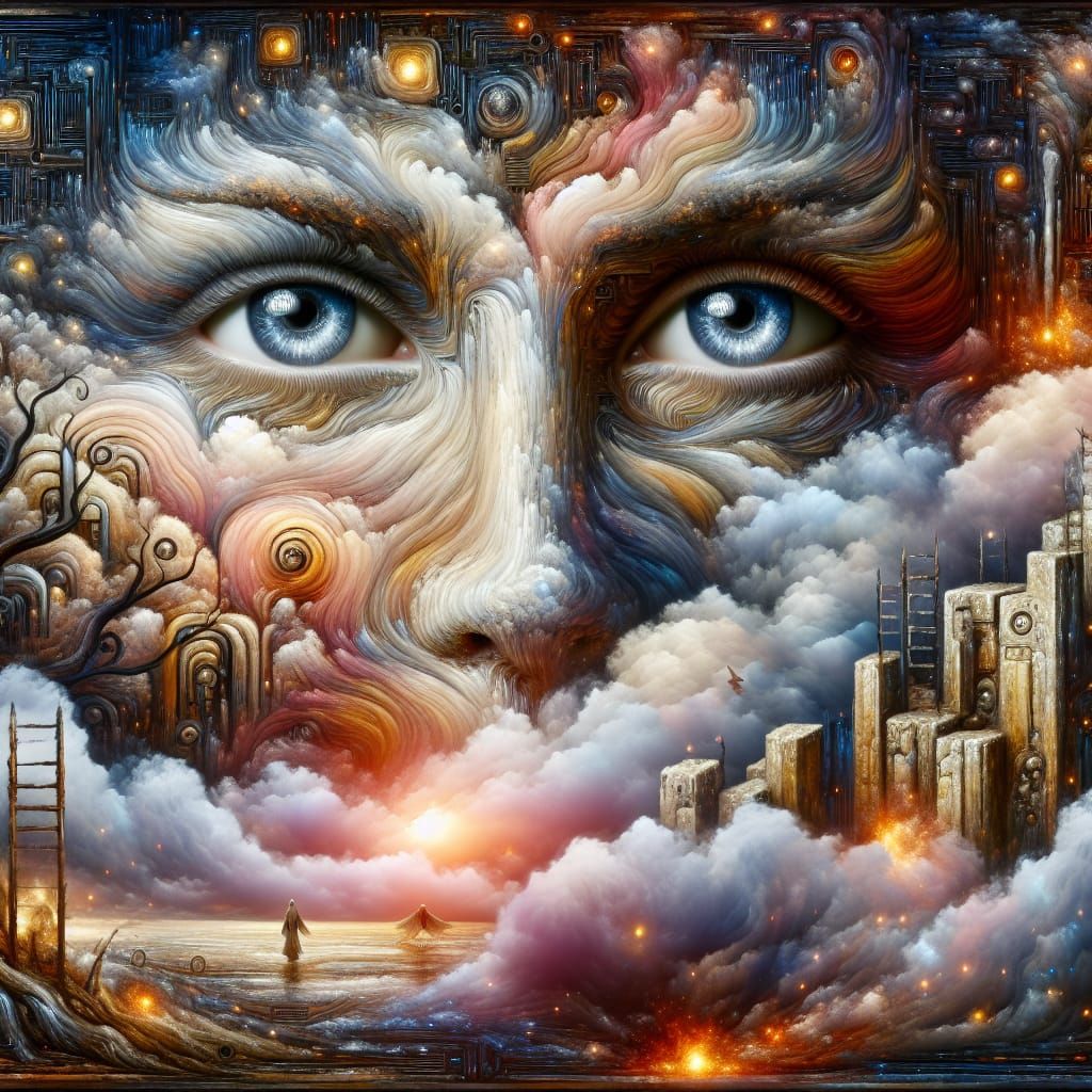 Surreal Eyes Among Ancient Stones in Impressionist Hyperreal...