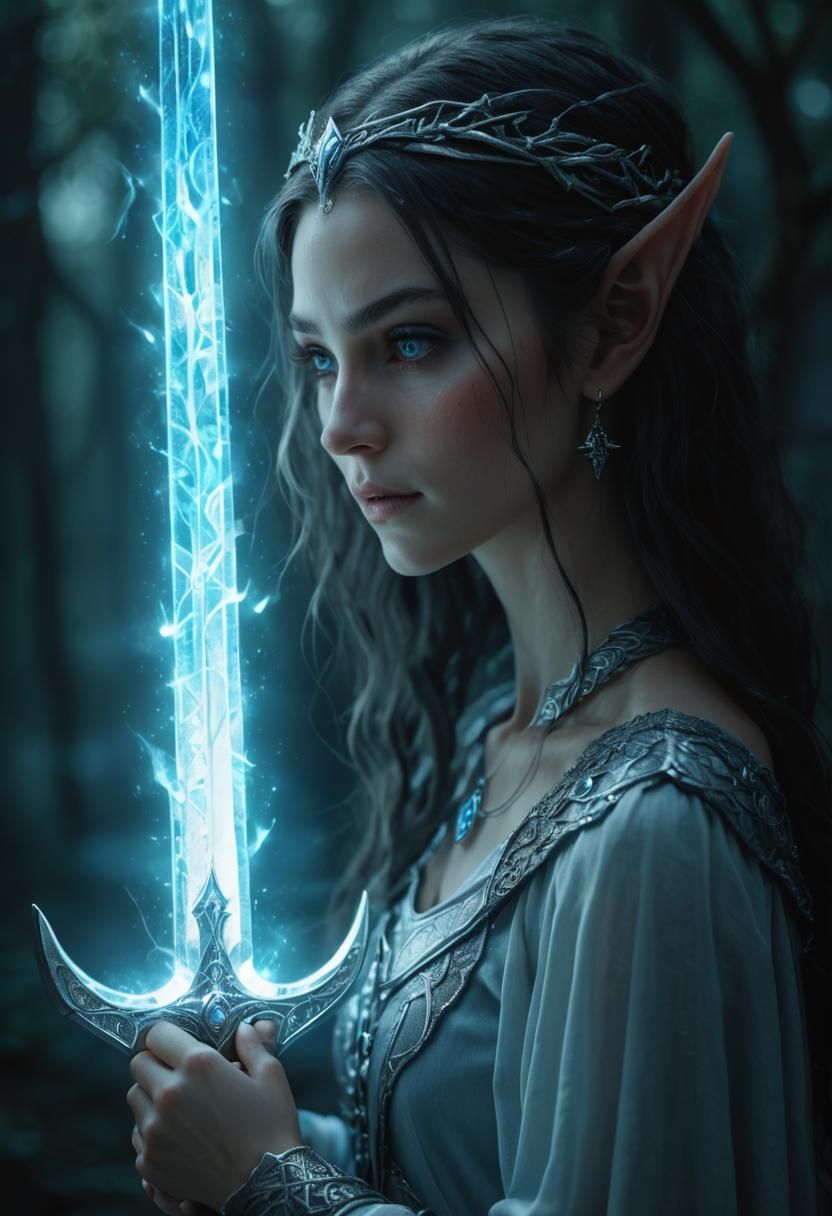 Elven Maiden with Magic Sword in Photorealistic Style