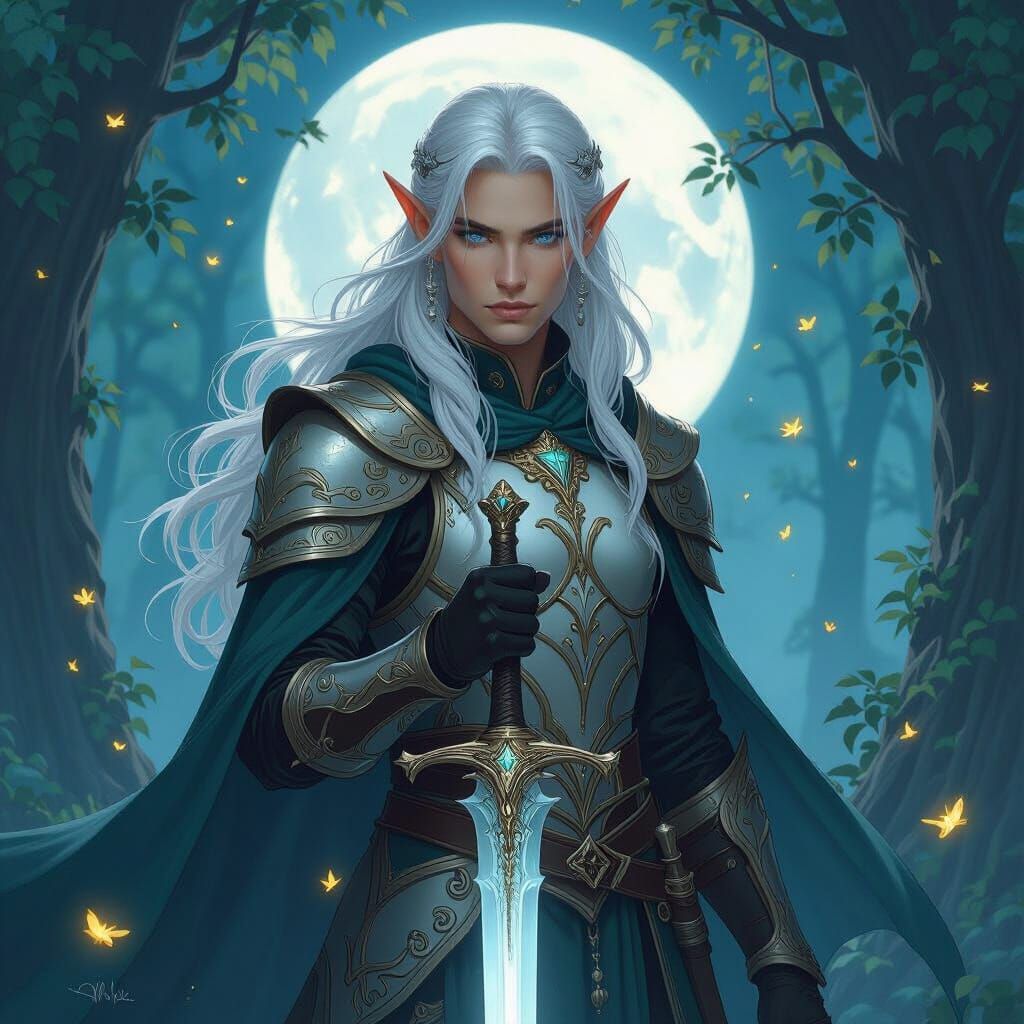 Moonlit Elf Warrior in Art Nouveau Style