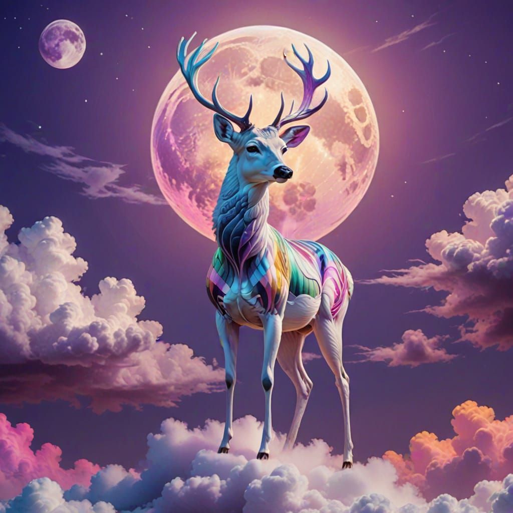 Iridescent Deer on Cloud in Cel-Shaded Style
