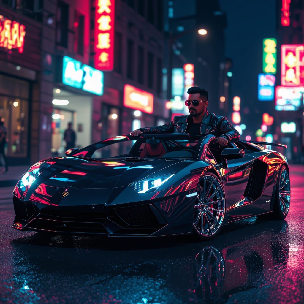 Confident Man Drives Lamborghini in Neon Cityscape