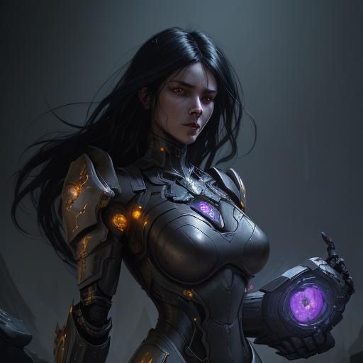 Militant Black-Haired Robot Woman: Dark Fantasy Art