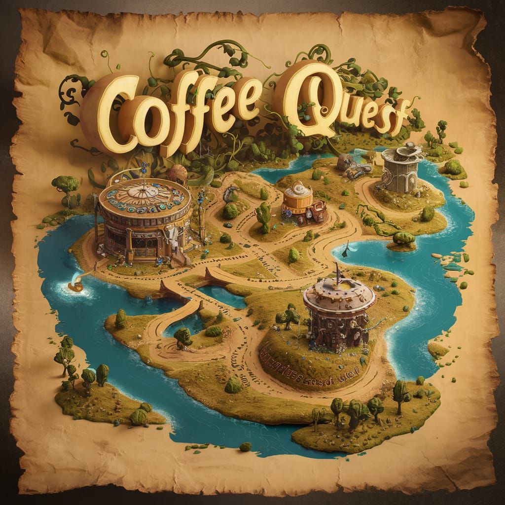 Whimsical 3D Map of Coffee Quest on Parchment