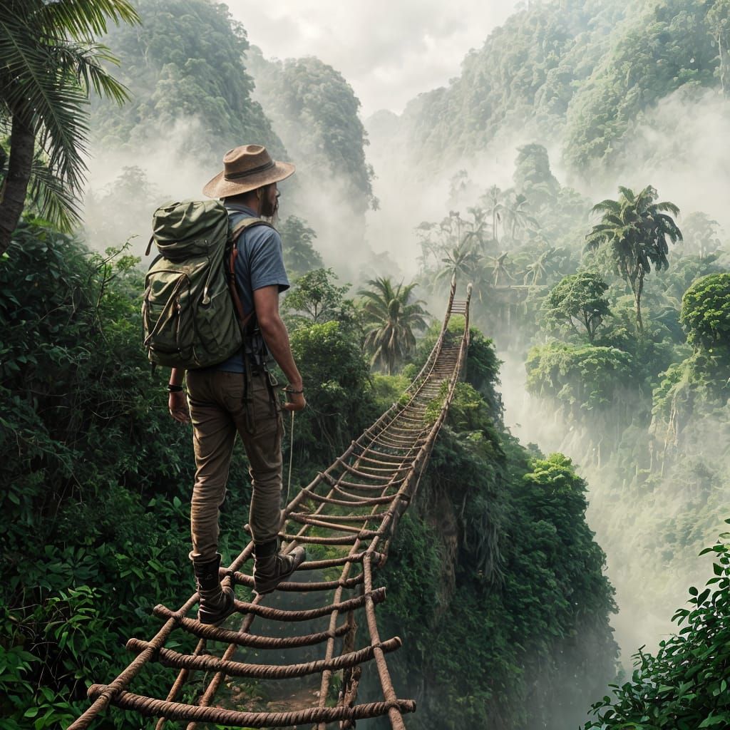 Adventurer Navigates Misty Jungle Suspension Bridge to Ancie...