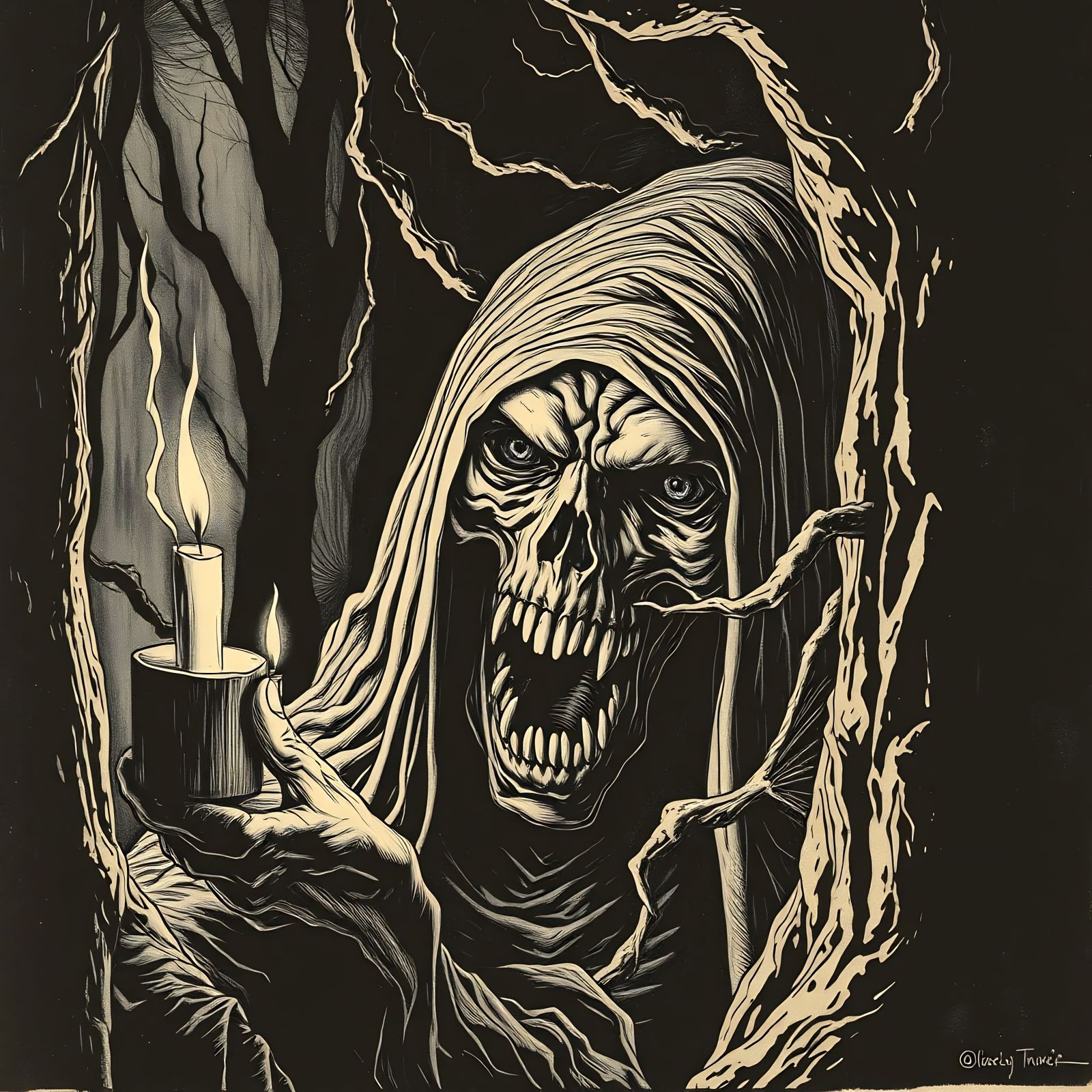 Dark, Grotesque Woodcut Horror Scene